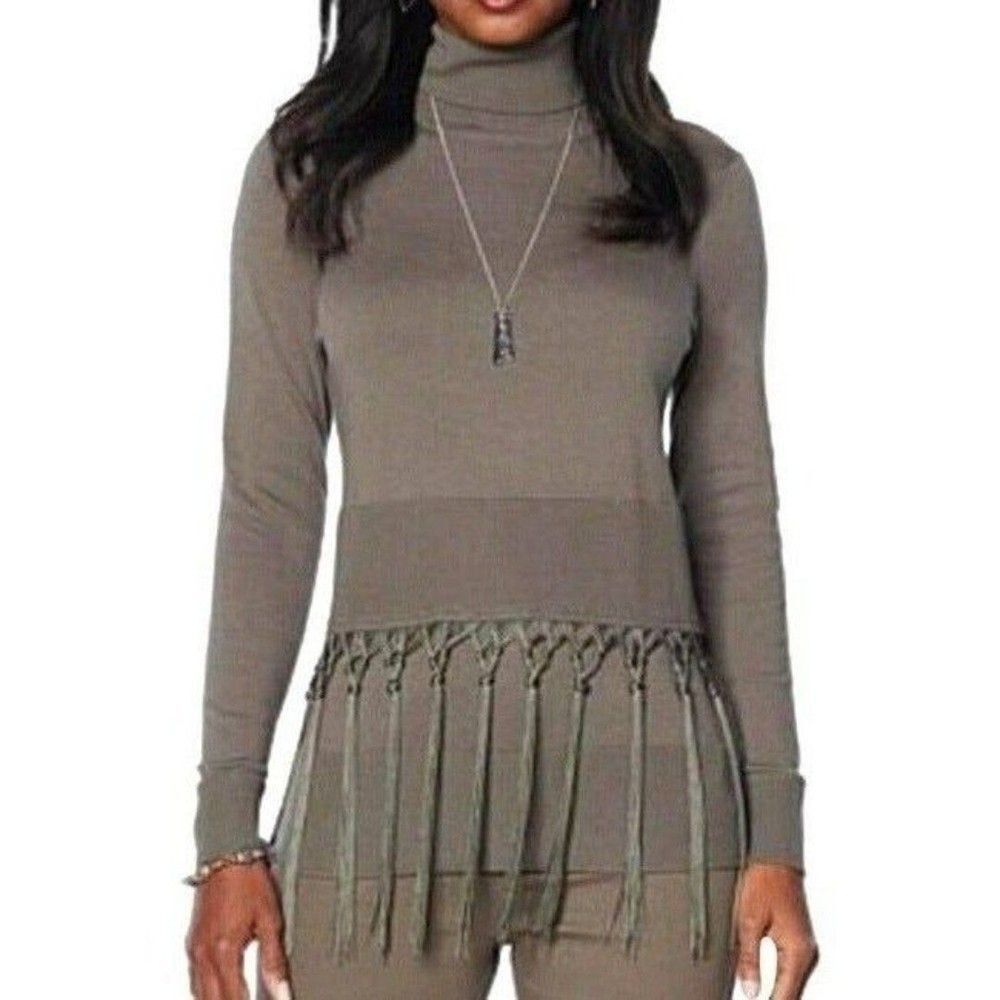 DG2 by Diane Gilman - Fringe Fully Fashioned Turtleneck Blouse - Gray, Med